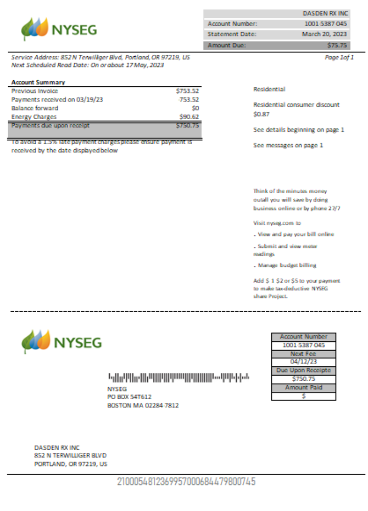Boston NYSEG electricity utility business bill,  SCR PSD template
